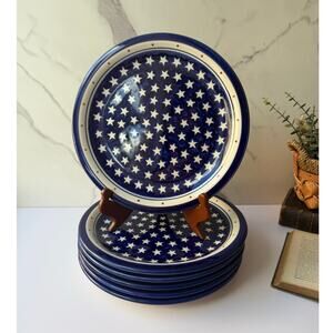 Polish Pottery America The Beautiful Dinner Plates 10.5" Set of 6 | Stars Blue